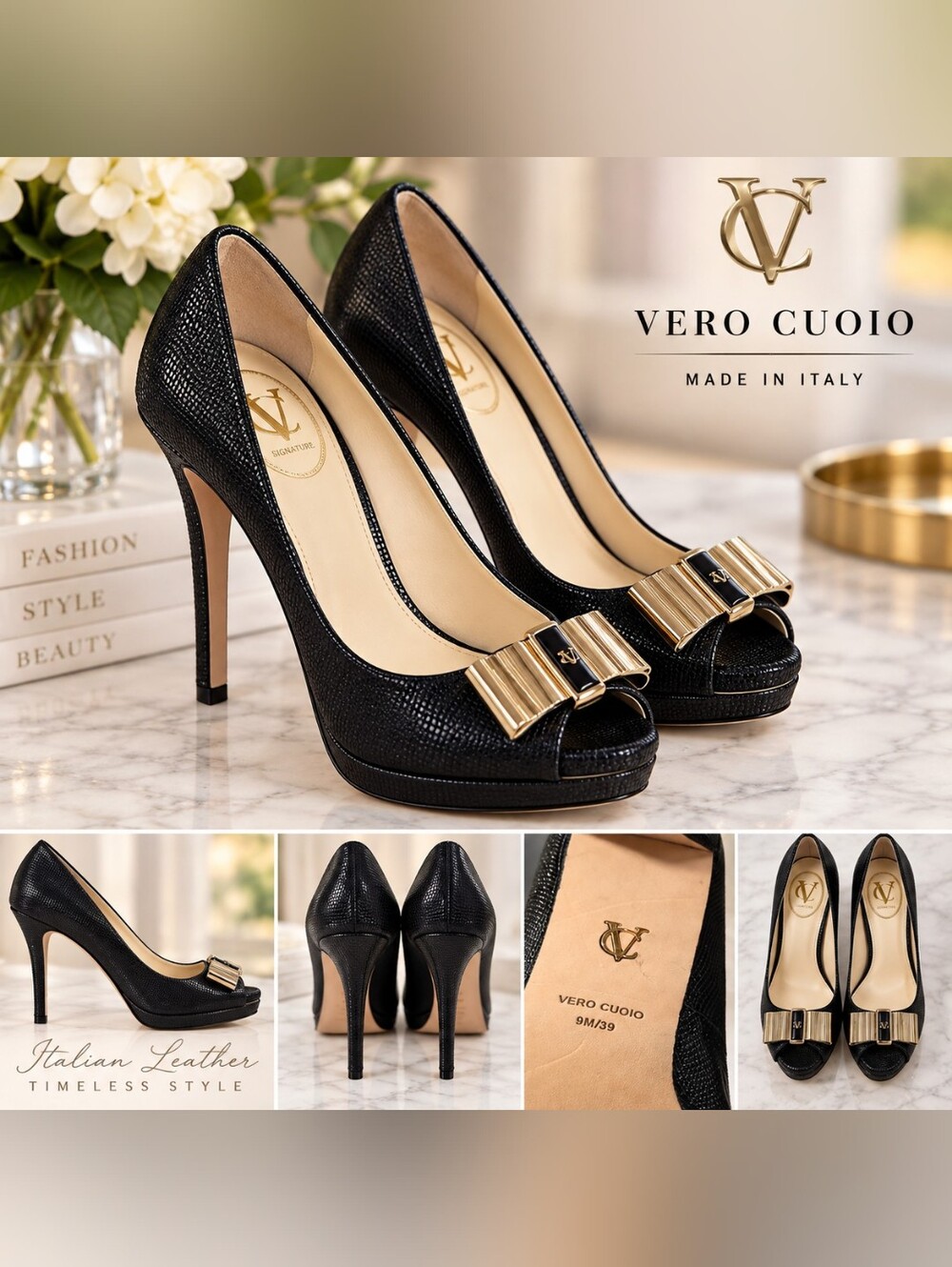 Vero Cuoio Black Leather Peep-Toe Pumps with Gold Bow Accent Size 9